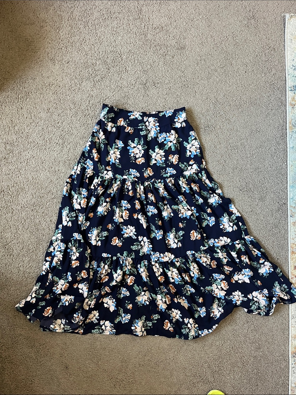 NWOT LC Lauren Conrad Navy Floral Tiered Midi Skirt with Cream & Green Accents